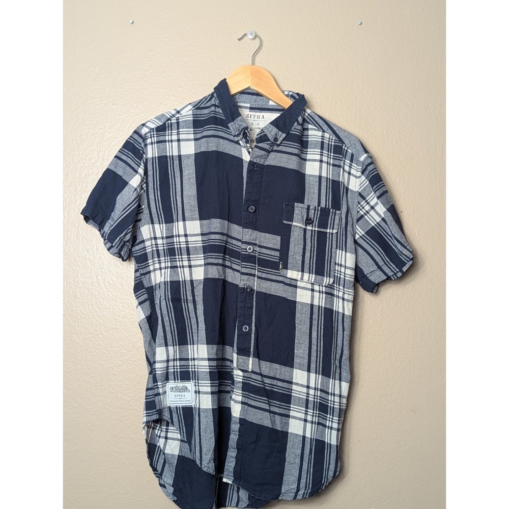 Sitka Button Down Shirt Men Large Blue Plaid Short Sleeve Casual‎ Outdoor Cotton